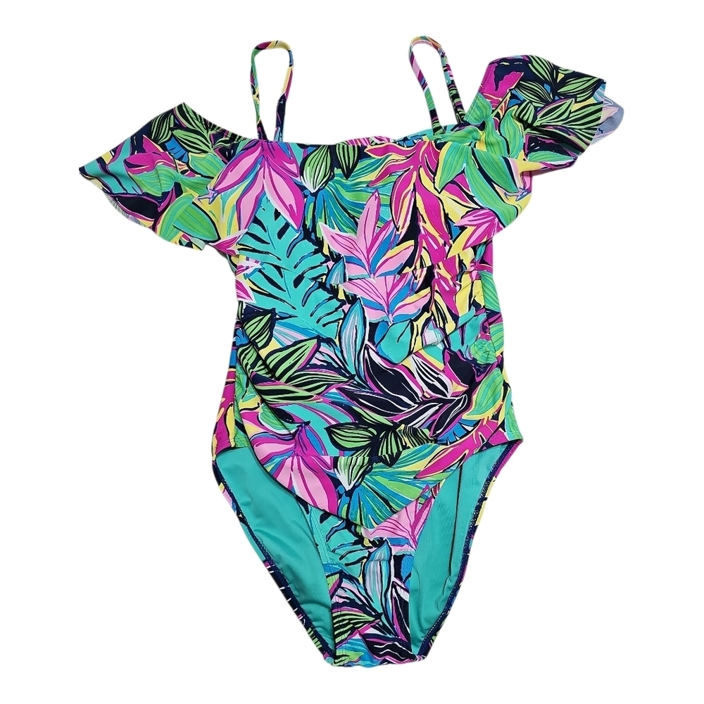 Women’s Caribbean Joe One-Piece Swimsuit – Tropical Leaf Print Size 8